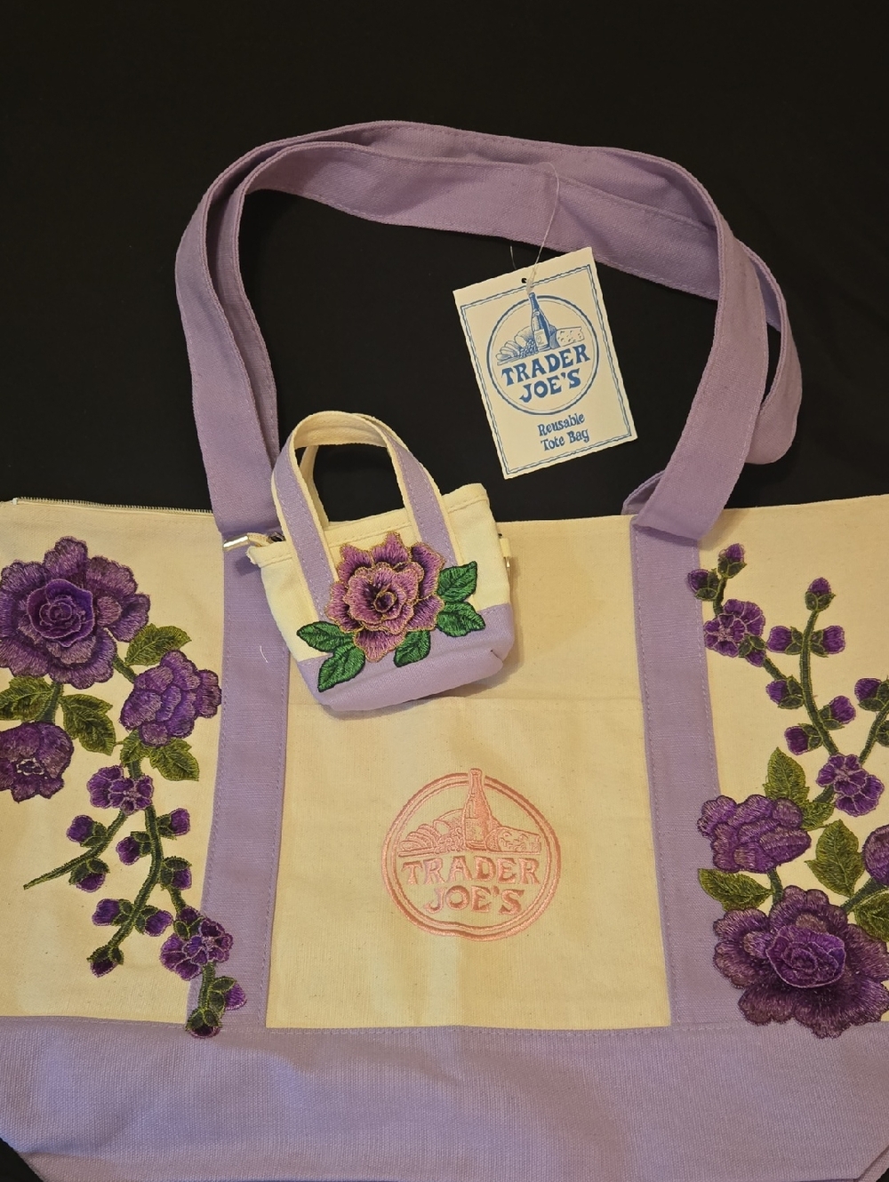 Large Trader Joe's Zippered Cream & Lavender Floral Tote Bag